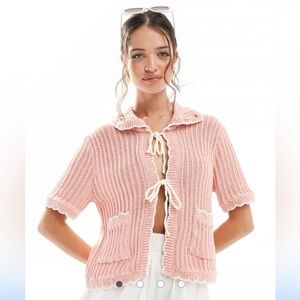 ASOS Design Pink Knit Crocheted Front Tie Women's Cotton Blend Sweater Sz S